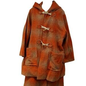 Su-Zen Rare Orange Plaid Wool Skirt Suit Set Longline Jacket Wrap Skirt L/XL